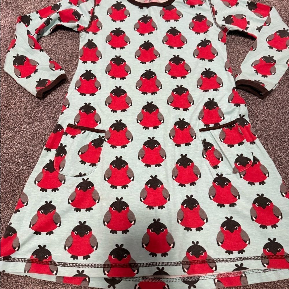 Maxomorra Robin Bird Print Dress Sz 110-116cm